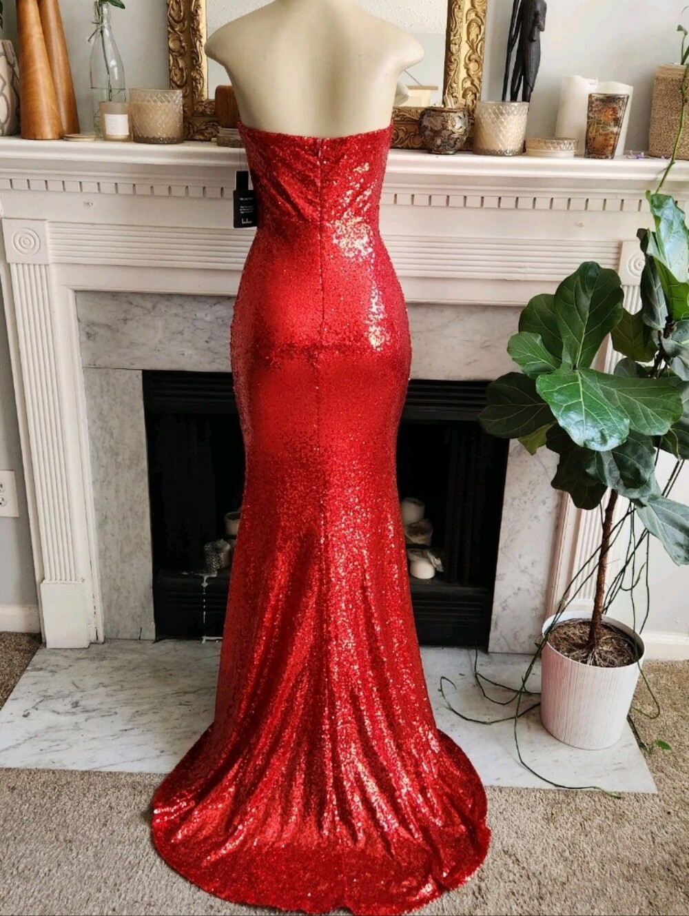 Lulus Red Sequin Mermaid Maxi Prom Dress Size M Strapless Stretch Glamoratti - Picture 6 of 9